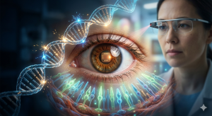 Imagen conceptual que ilustra los avances en investigación oftalmológica. Muestra un primer plano de un ojo humano con un microchip en la pupila, rodeado por una hélice de ADN brillante que representa la terapia génica y fotorreceptores estilizados. Al fondo, una científica con gafas inteligentes observa la composición. Simboliza la unión de tecnología y biología para restaurar la visión.