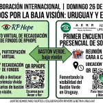 Una infografía de alto contraste con tipografía sans-serif grande. En la parte superior, un título en negro sobre blanco dice: 'COLABORACIÓN INTERNACIONAL | DOMINGO 26 DE ABRIL'. Debajo, otro título: 'UNIDOS POR LA BAJA VISIÓN: URUGUAY Y EE.UU.' La imagen se divide en dos columnas principales con bordes verdes gruesos. La columna izquierda, con fondo verde claro, tiene el logotipo de RPHope. El encabezado dice: 'RPHOPE´S VIRTUAL FUNDRAISER'. Presenta iconos y texto: un icono de mundo con auriculares para 'PARTICIPACIÓN VIRTUAL' y un icono de mano dando monedas para 'RECAUDACIÓN DE FONDOS'. El texto dice: 'Dedicado a destacar la experiencia vivida de usuarios de bastón de baja visión.' Un código QR real con texto 'QR RPHOPE' arriba y 'Escanea para Donar o Ver' abajo. La columna derecha, con fondo blanco, tiene un logotipo para AERR, Retina Uruguay con el SU LOGOTIPO. El encabezado dice: 'PRIMER ENCUENTRO PRESENCIAL DE SOCIOS'. Presenta iconos y texto: un icono de personas juntas para 'REUNIÓN CARA A CARA' y un icono de mapa y reloj para 'UBICACIÓN Y HORA'. El texto dice: 'Fomentando la visibilidad del Bastón Verde en Uruguay.' Un código QR real con texto “Apoyaremos este evento” y “Ubicación y hora” arriba y 'Para Inscripciones y Más Info' abajo. Un gran banner central de flecha verde bidireccional que conecta las dos columnas con el texto en verde oscuro: 'BASTÓN VERDE: BAJA VISIÓN'. El pie de página en pequeño dice: 'JUNTOS SOMOS MÁS FUERTES | COLABORACIÓN RPHOPE & RETINA URUGUAY'.