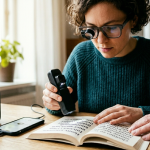 En la foto aparece una mujer con anteojos, con una lupa incorpoprada en uno de sus cristales y un lector de texto en la mano, con el que lee un libro físico