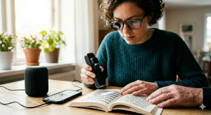 En la foto aparece una mujer con anteojos, con una lupa incorpoprada en uno de sus cristales y un lector de texto en la mano, con el que lee un libro físico