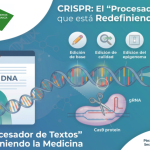 Infografía representativa del texto del artículo, mostrando la secuencia de uso de CRISPR. Los logos y lema de Retina uruguay aparecen en la esquina superior izquierda, los datos de contacto y el Distintivo Tengo Baja Visión aparecen en la exquina inferior derecha