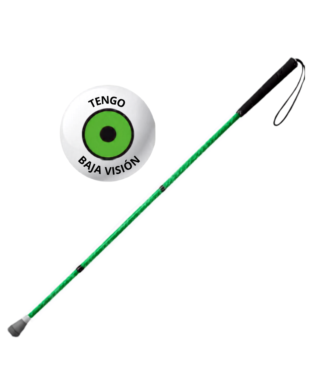 Bast&oacute;n verde plegable para personas con baja visi&oacute;n, dispuesto en diagonal, acompa&ntilde;ado de un distintivo circular blanco a su izquierda que contiene la ilustraci&oacute;n de un ojo verde con pupila negra y el texto &laquo;TENGO BAJA VISI&Oacute;N&raquo; bordeando la figura.